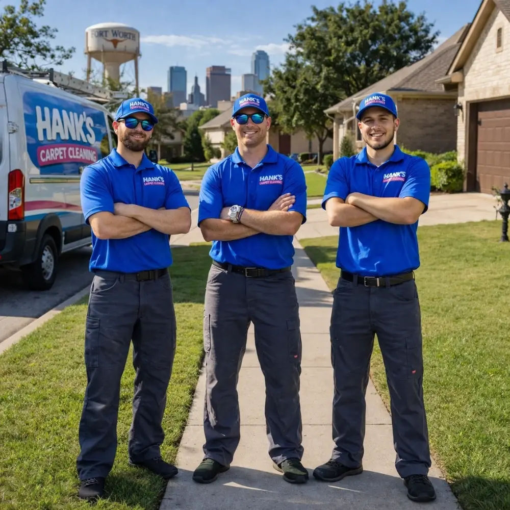 Hank's Carpet Cleaning technicians in branded uniforms beside a Hank's service van