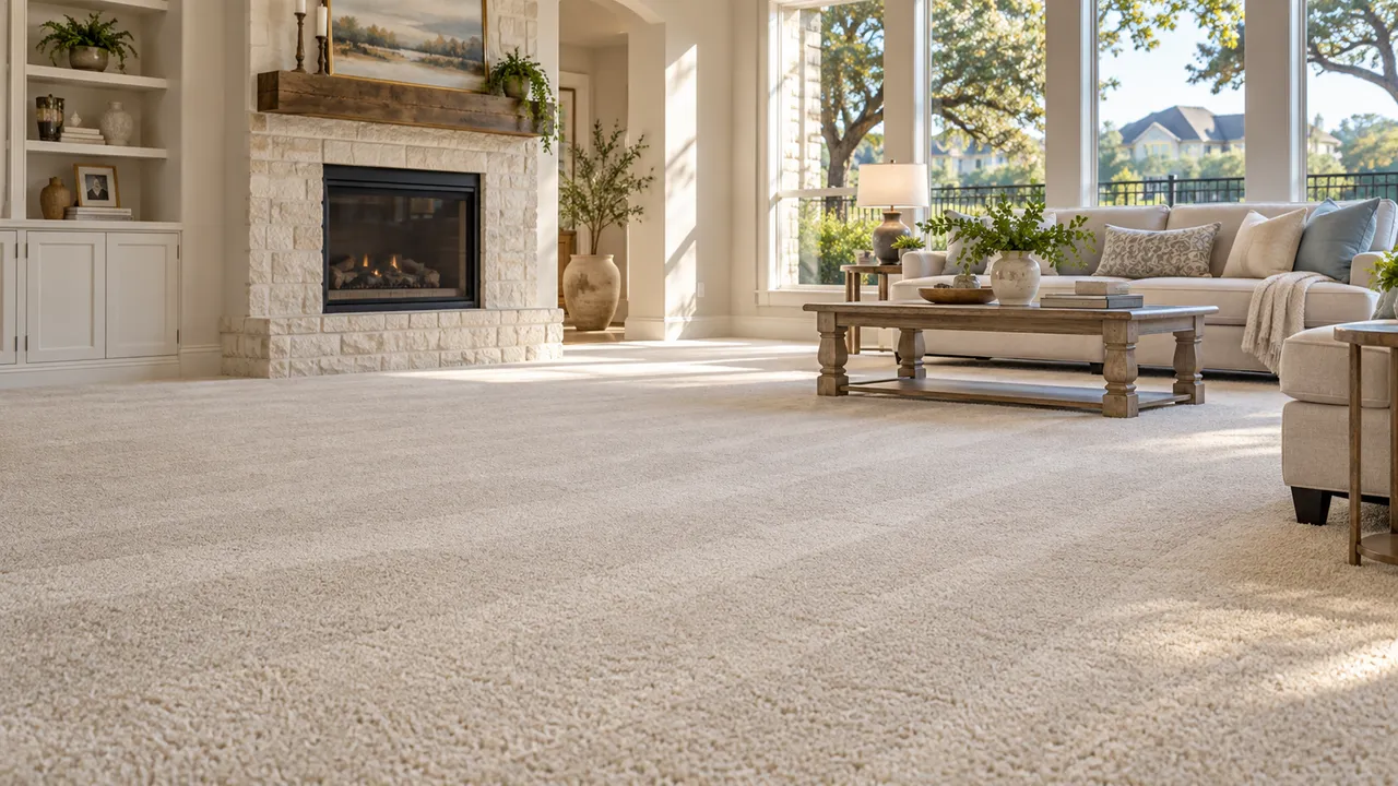 Freshly cleaned carpet in a bright Justin-area living room