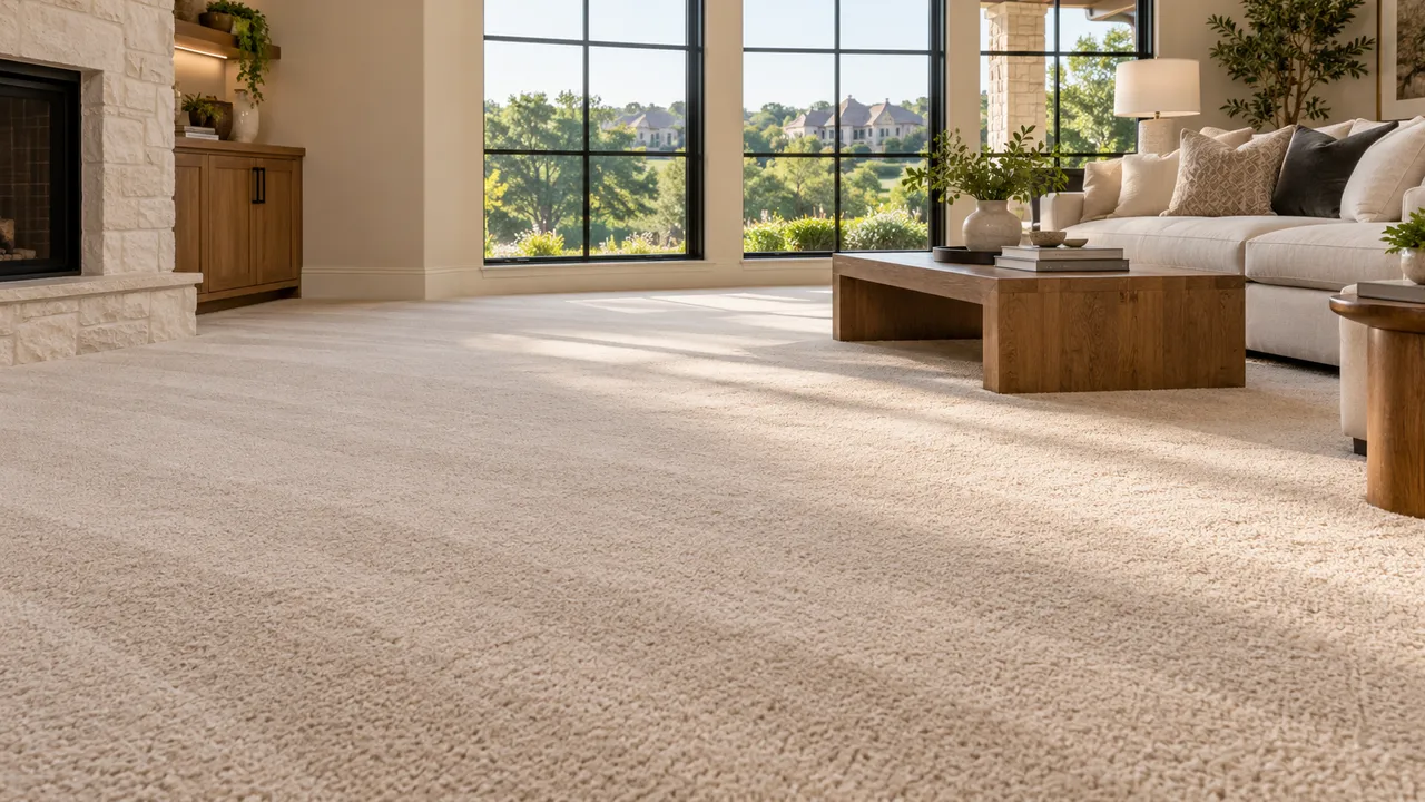 Fresh beige carpet in a bright living room with a stone fireplace