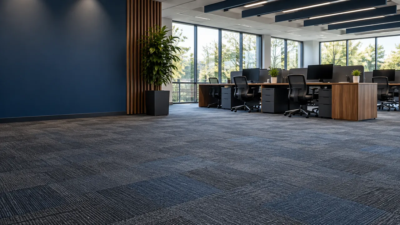 Clean blue carpet tile in a sunlit open office