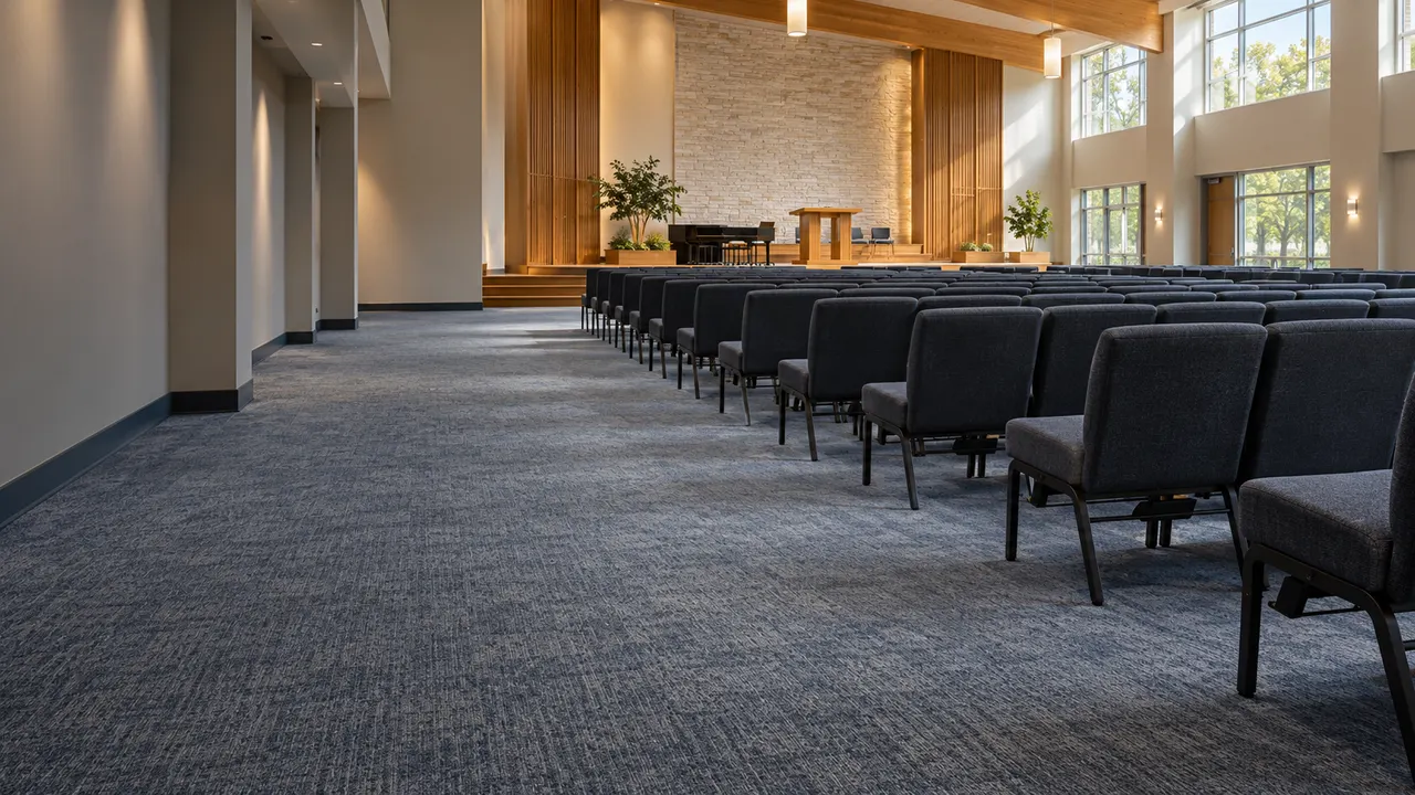 Clean carpet in a church sanctuary with rows of chairs