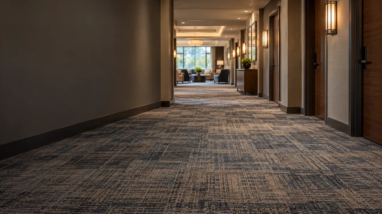 Clean patterned carpet in a hotel corridor