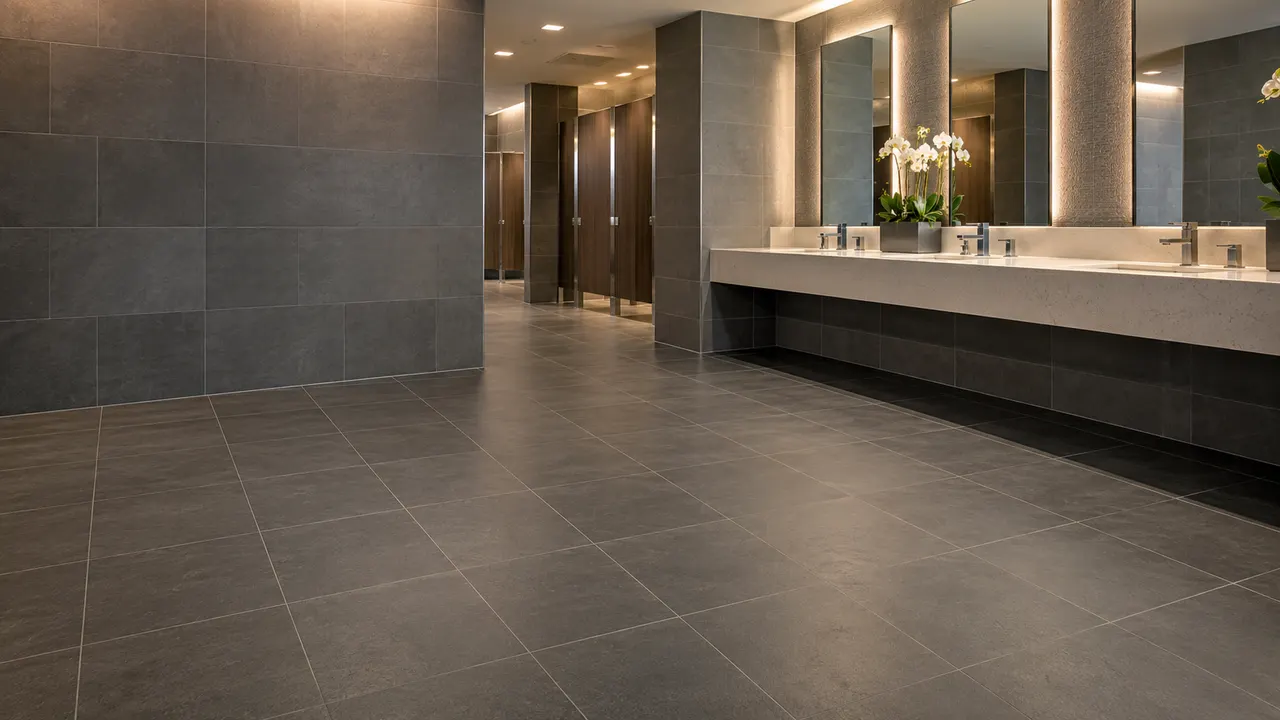 Clean gray tile floor in a commercial restroom