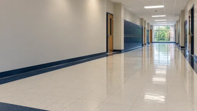 Glossy VCT floor in a school hallway
