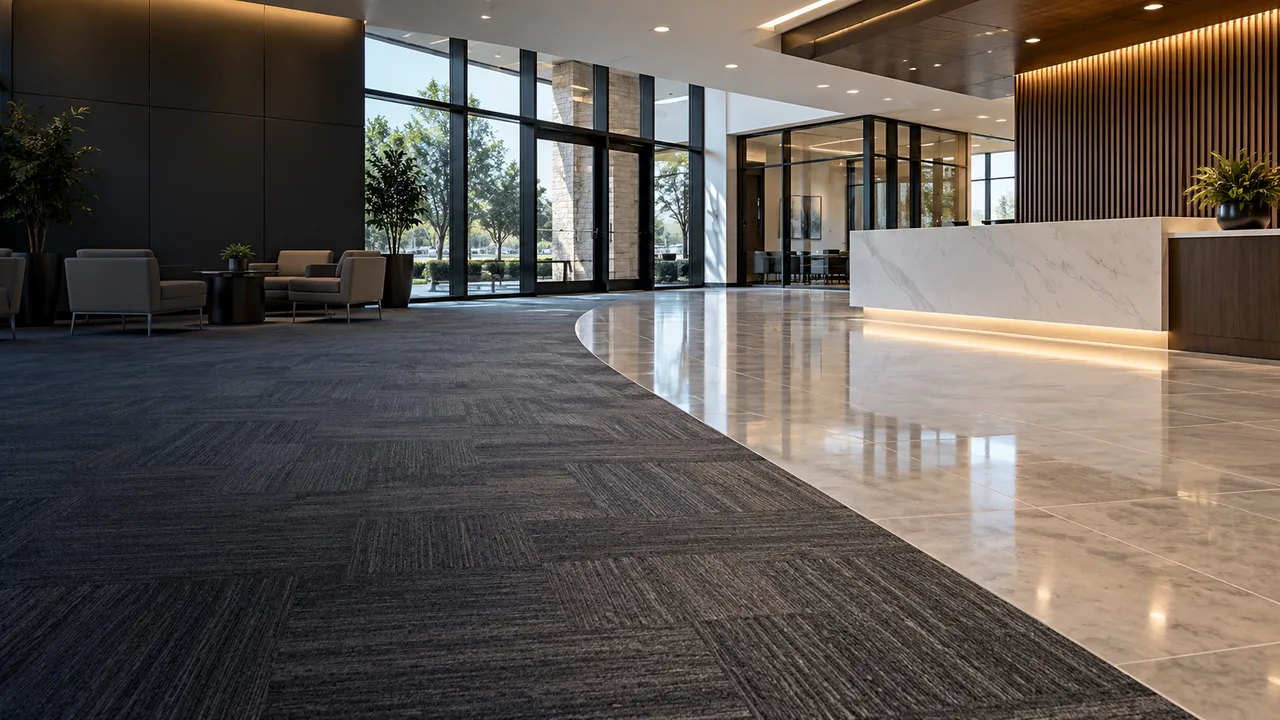 Clean commercial lobby with carpet tile and polished stone floors