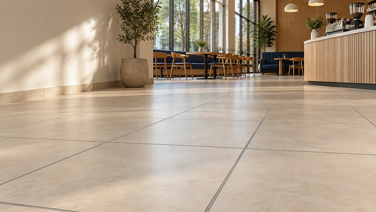 Clean porcelain tile floor in a cafe