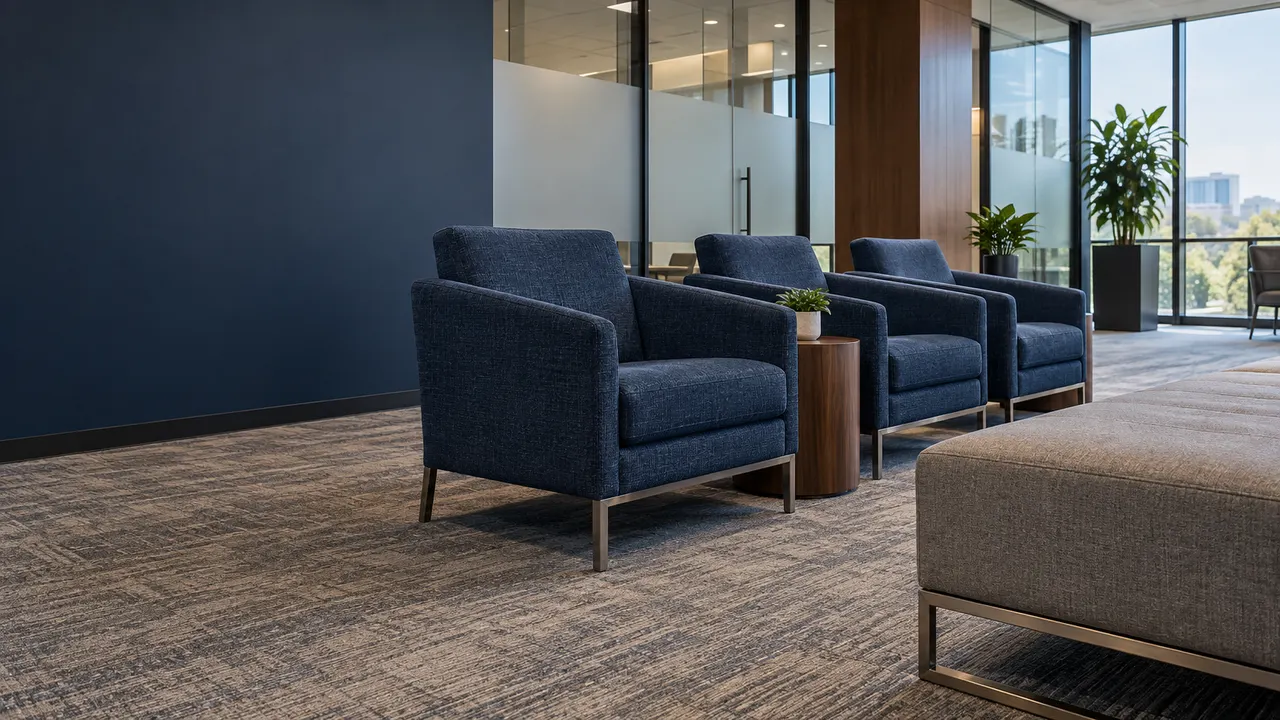 Clean carpet in a lobby lounge with blue armchairs