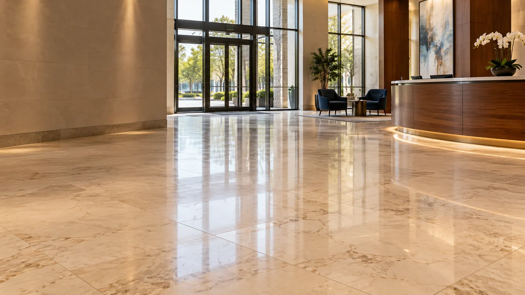 Polished marble floor in an office building lobby