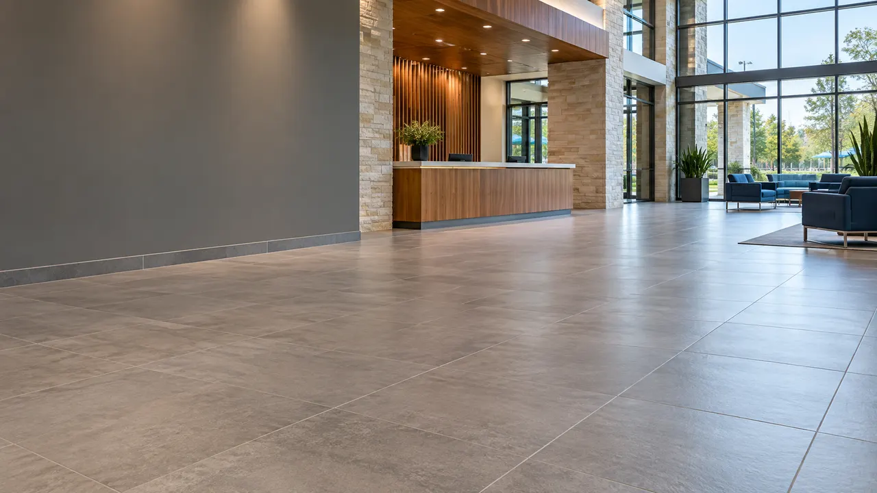 Clean tile floor in an office lobby with a reception desk