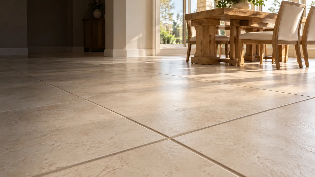Large-format tile with even taupe grout lines