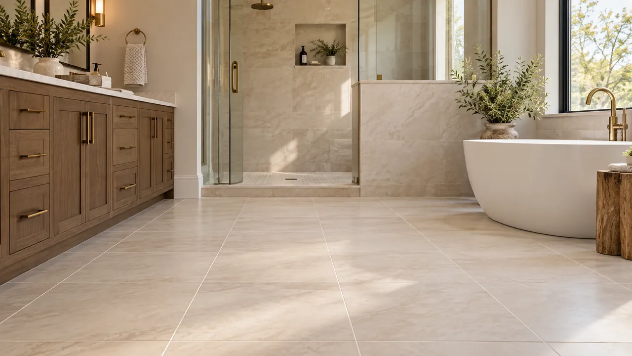 Bright bathroom tile floor with clean, uniform grout lines