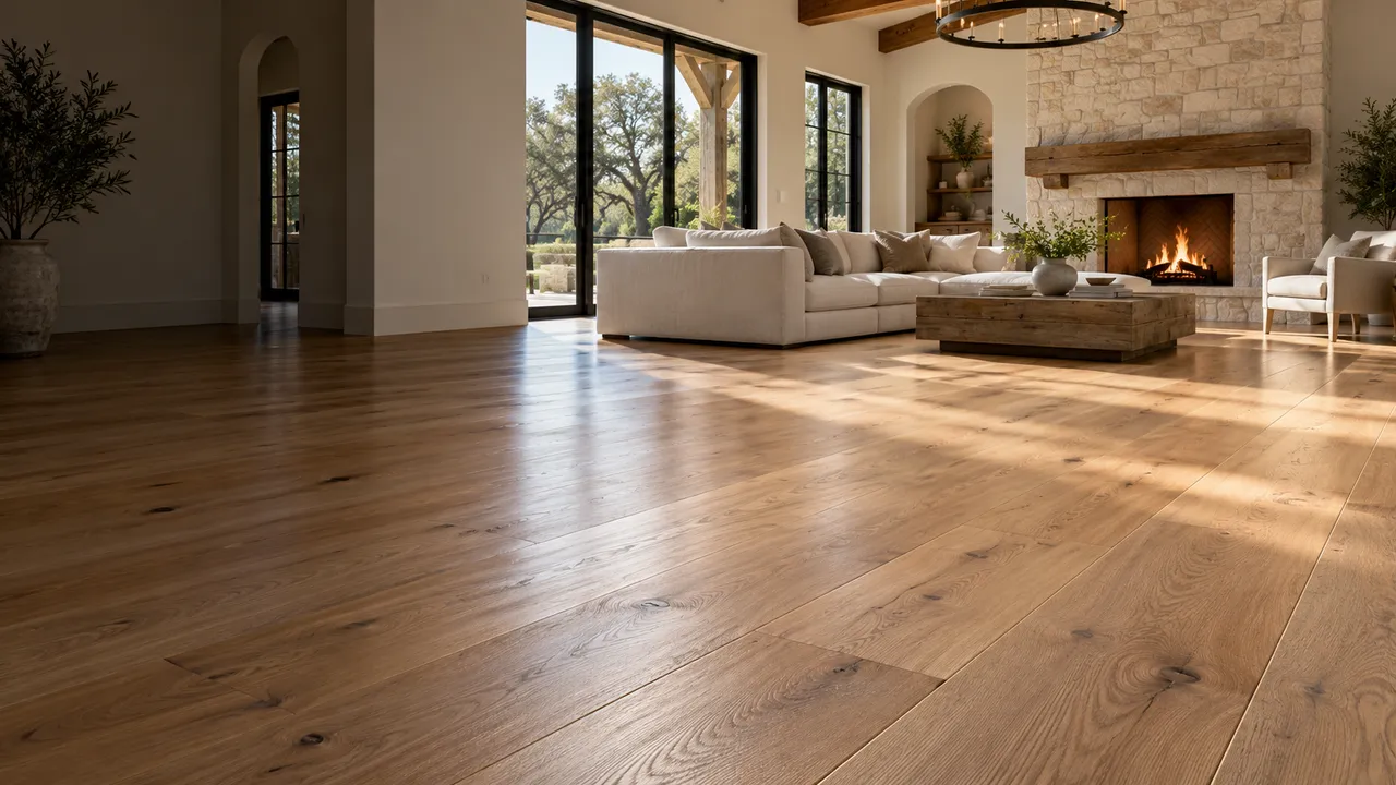 Glossy white oak hardwood floor in a living room with a fireplace