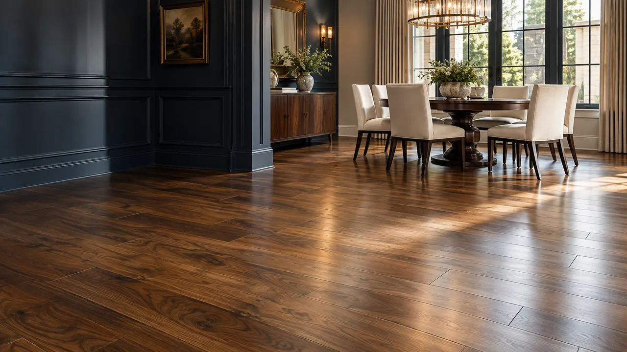 Polished walnut hardwood floor in a formal dining room