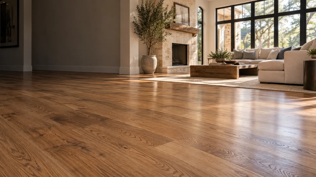 Shiny oak hardwood floor in a sunlit living room with a stone fireplace