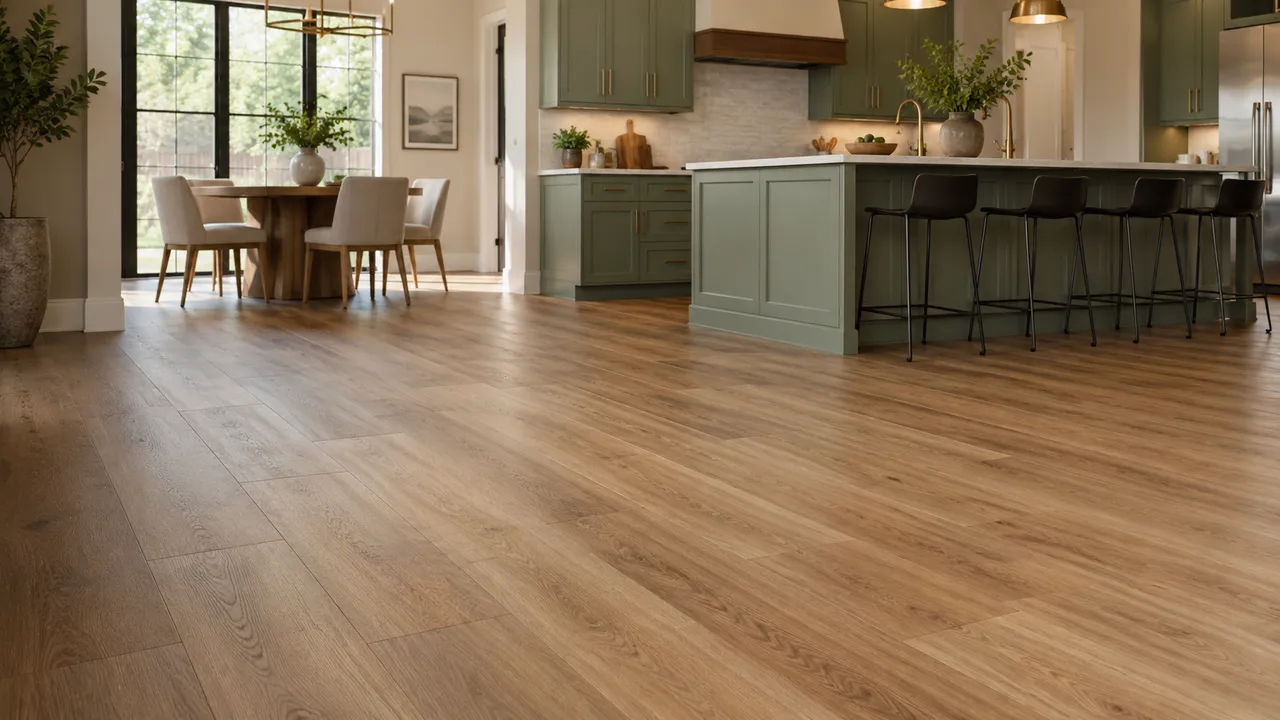 Luxury vinyl plank floor in an open-plan kitchen