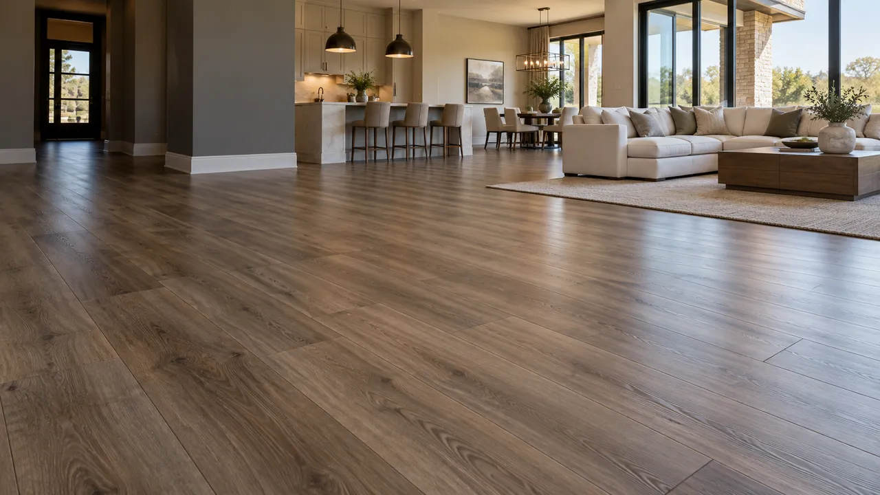 Wood-look luxury vinyl plank floor in an open kitchen and living room
