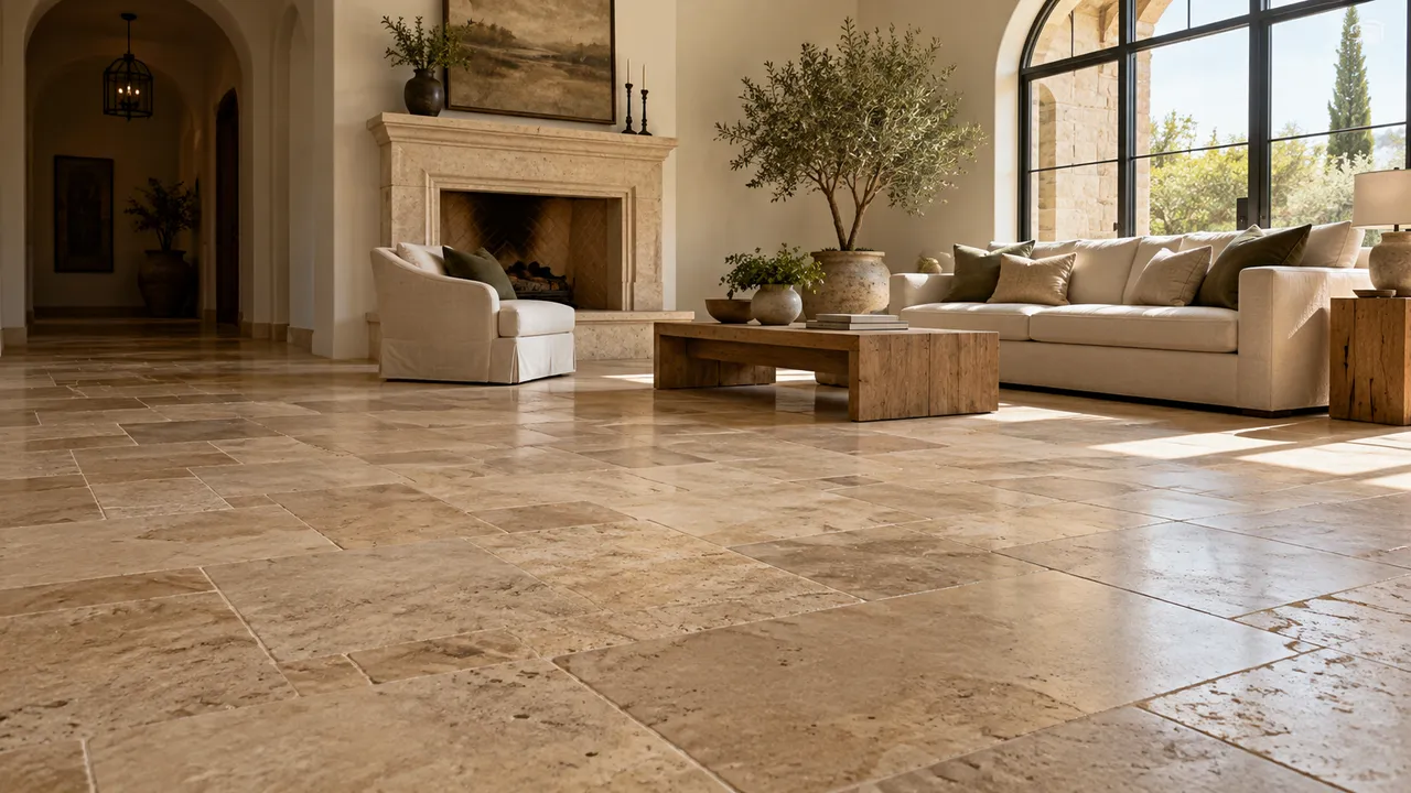 Travertine floor in a sunlit living room