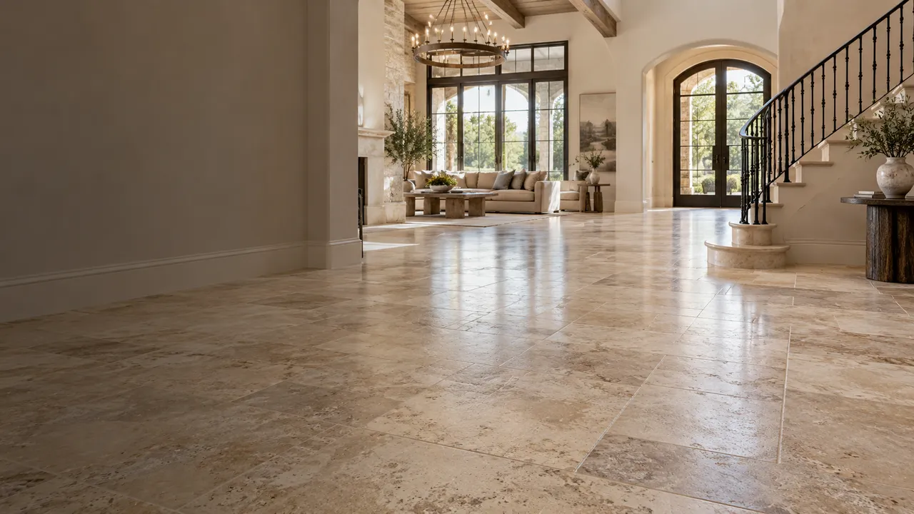 Polished travertine floor in a bright foyer with a curved staircase