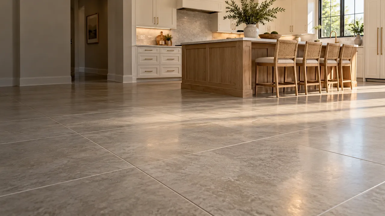 Clean porcelain tile floor in a bright kitchen