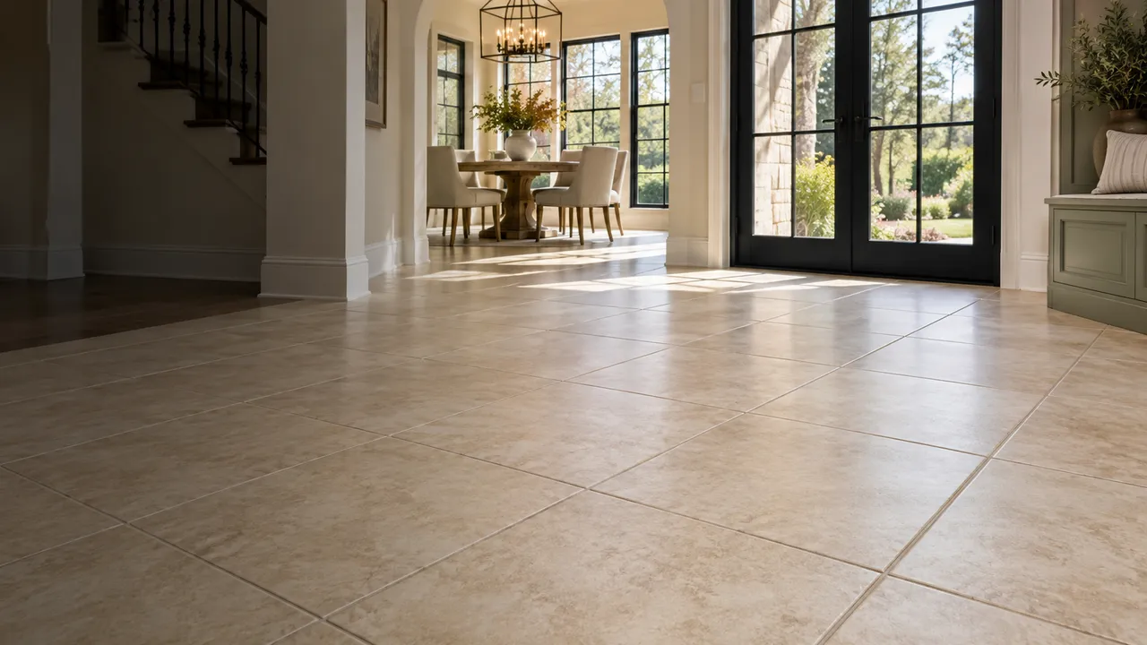 Clean tile floor in a sunlit family entry