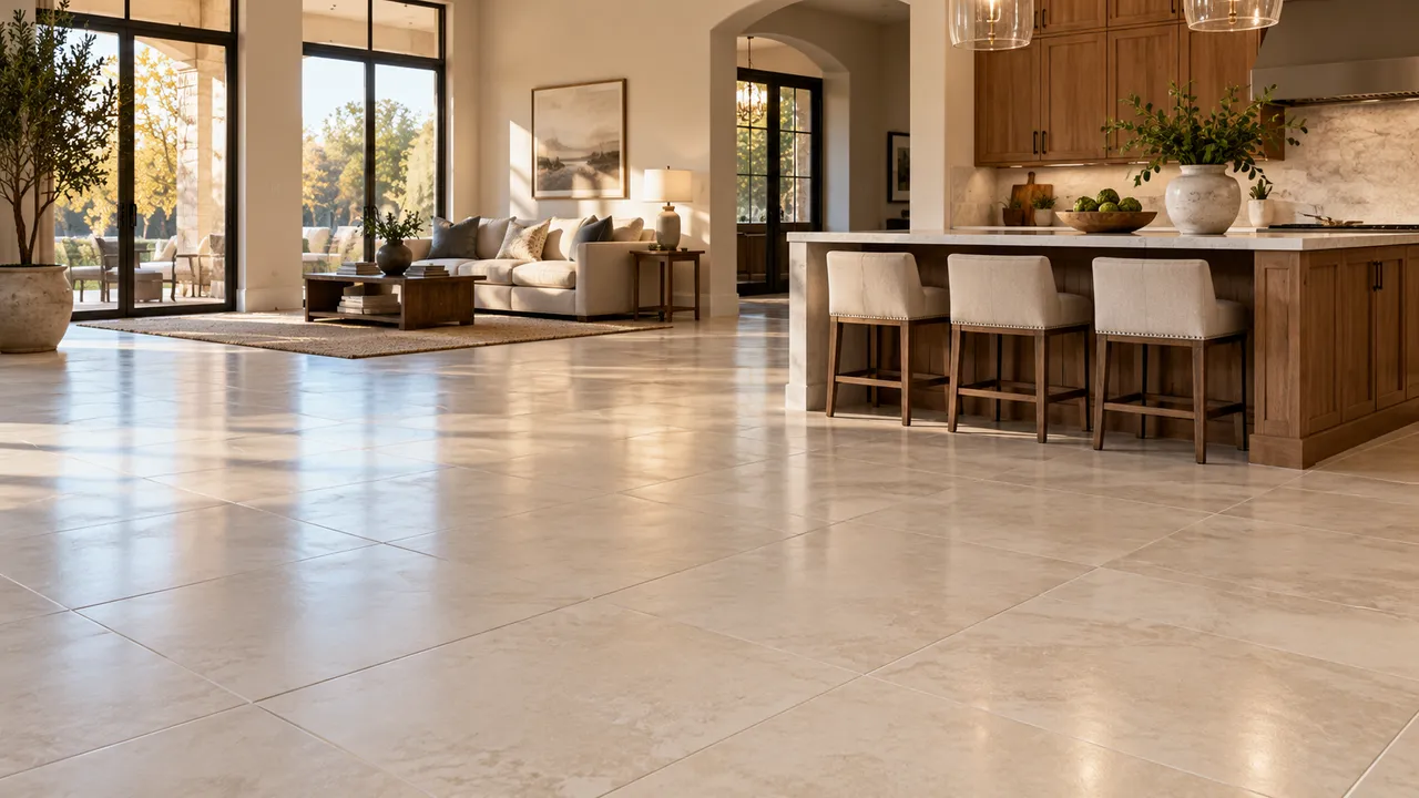 Clean, bright tile floor in an open kitchen and living room