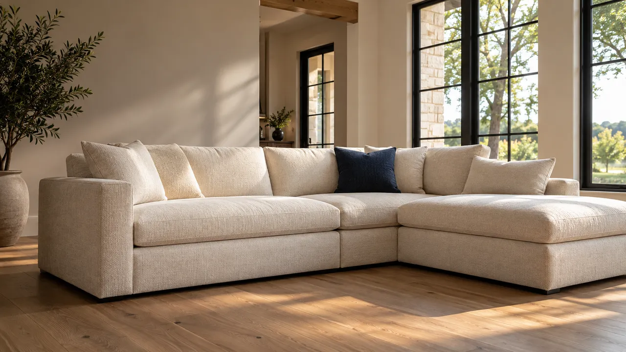 Modern white sectional in a bright living room