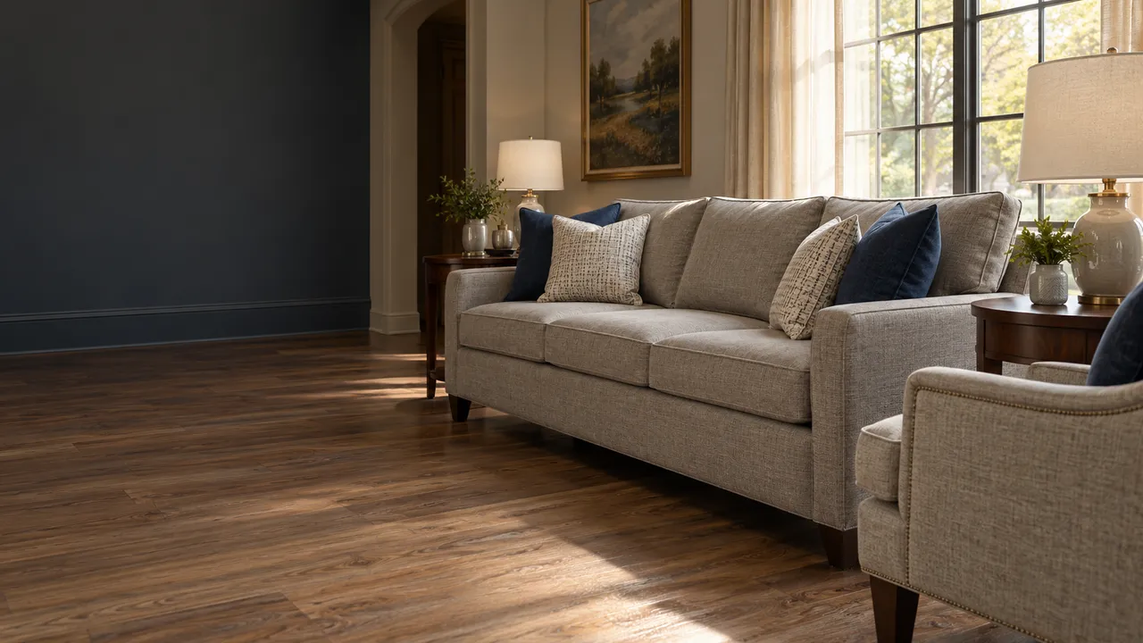 Tailored gray sofa and armchair in a sunlit living room