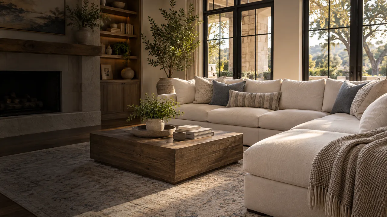 Clean cream sectional sofa in a sunlit living room