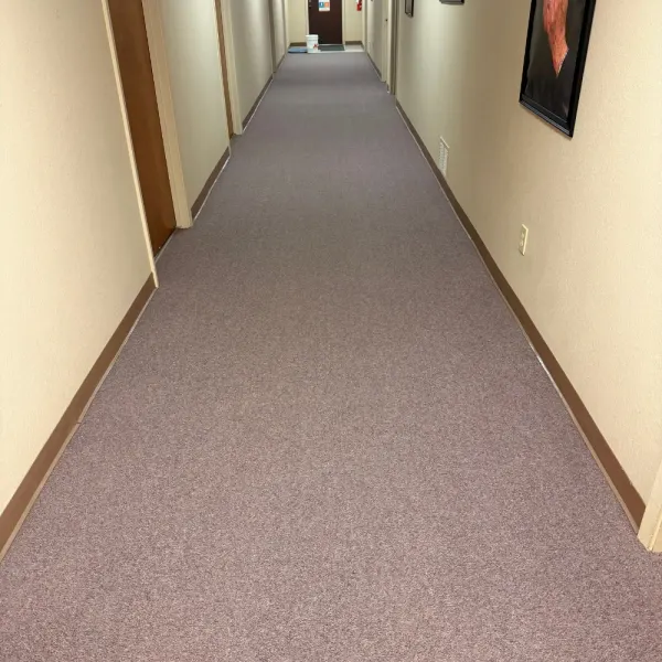 Clean patterned carpet in an office hallway