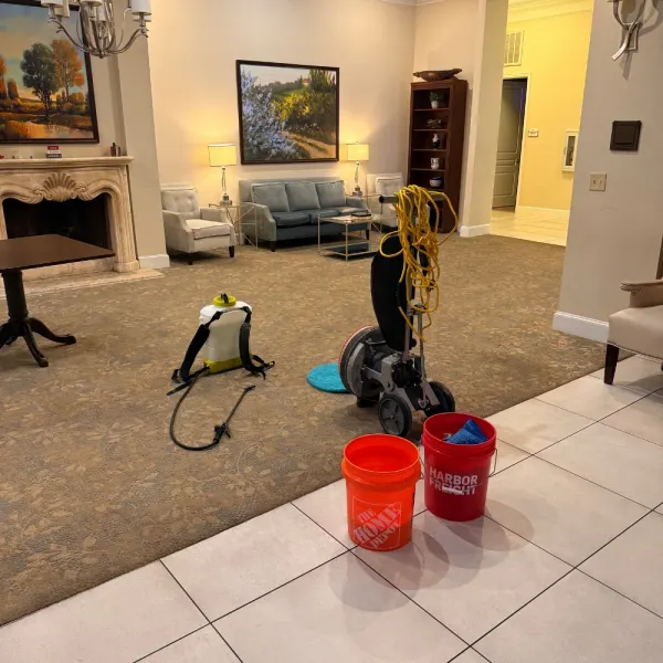 Senior living lobby carpet during commercial cleaning