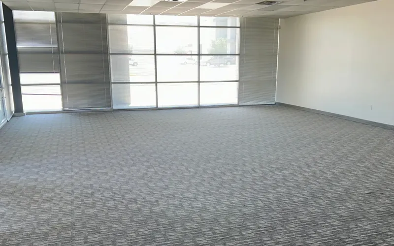 Clean commercial office carpet in a bright room with large windows