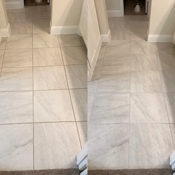 Foyer grout before and after grout color sealing in Colleyville