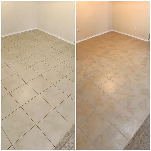 Grout before and after color sealing in an empty Flower Mound home before move-in