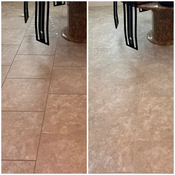 Dining area grout before and after grout color sealing in Northlake