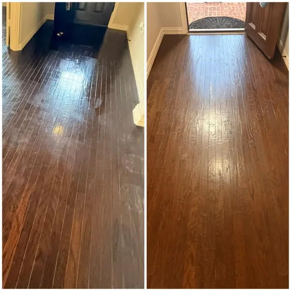 Entry hallway hardwood before and after cleaning in North Richland Hills