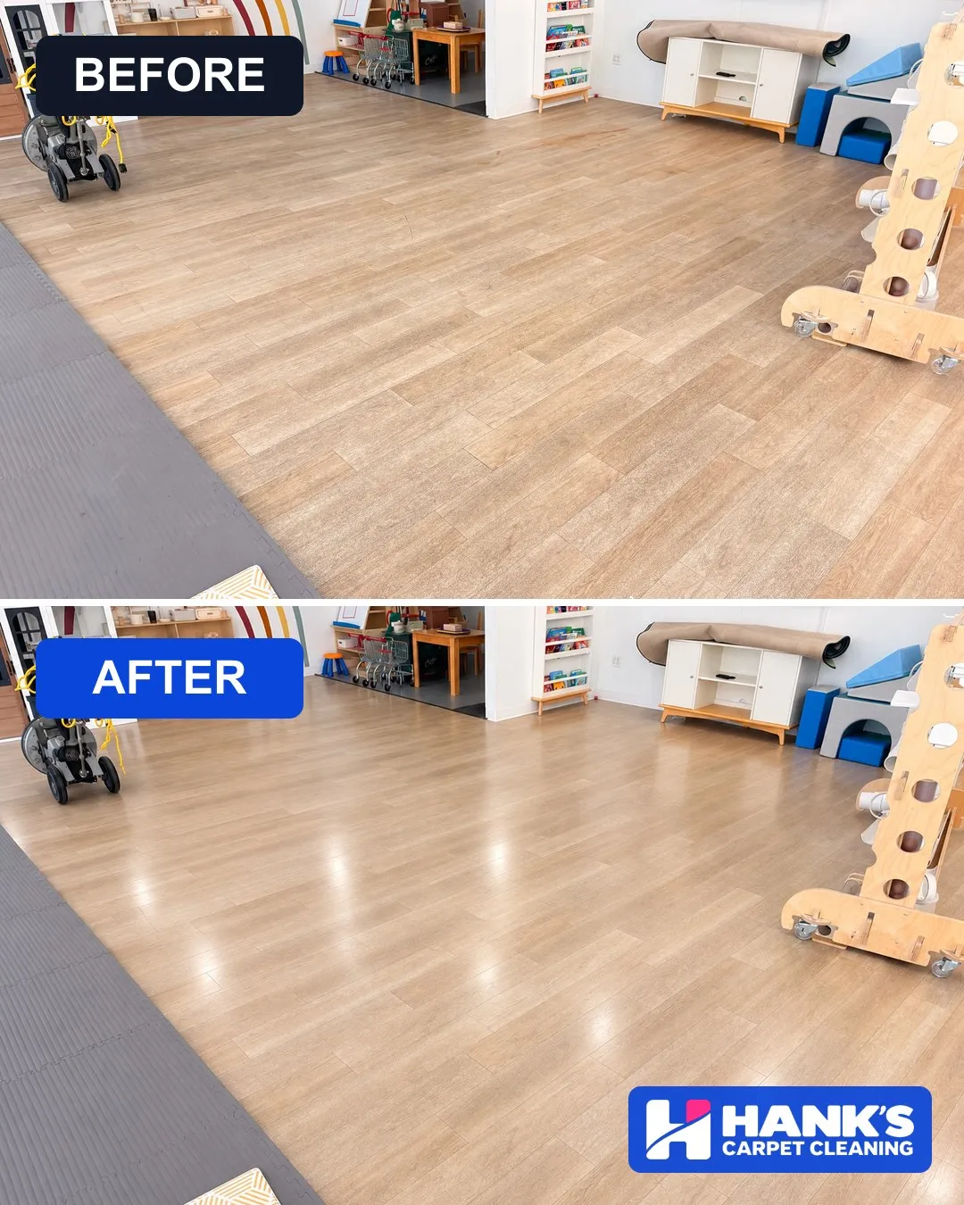 Before and after daycare floor cleaning in Southlake: the Kids Inn main play room, dull vinyl plank before and shiny clean plank after