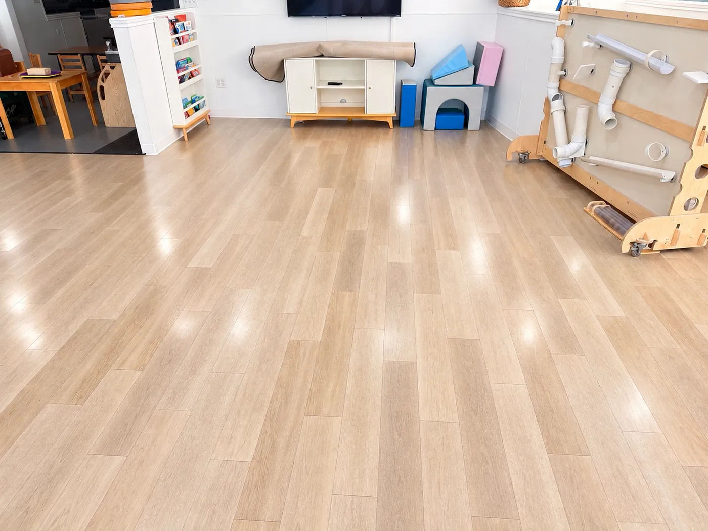 Play area with clean vinyl plank floors after commercial floor cleaning in Southlake