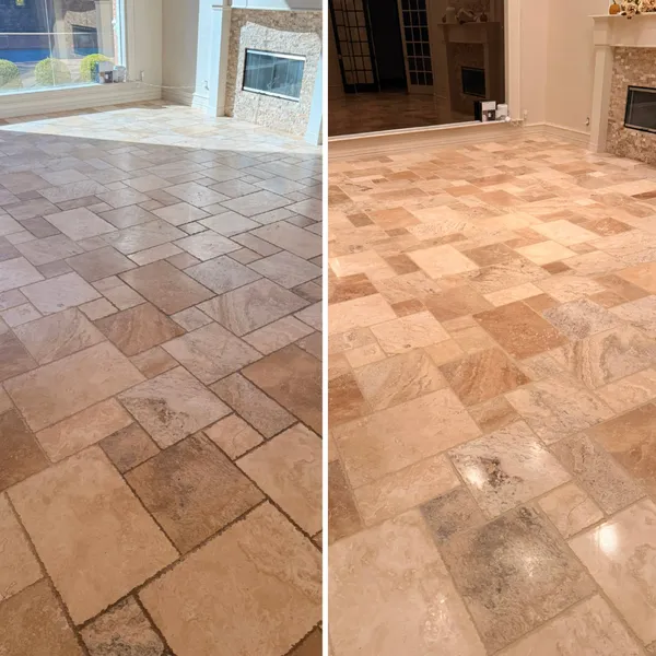 Tumbled travertine before and after cleaning and polishing, side by side