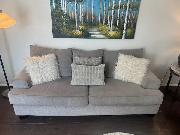 Gray sofa after upholstery cleaning in a Colleyville living room